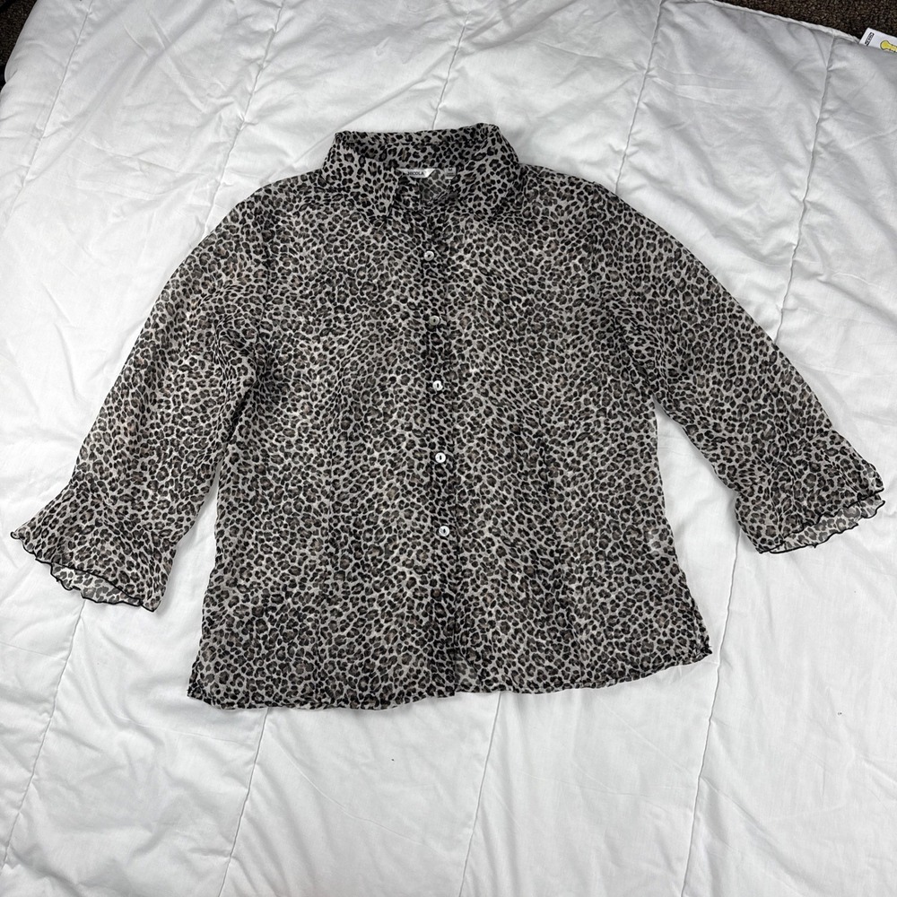 Nicola Petite Women's M Sheer Cheetah Floral Print Blouse Bell Sleeves VTG 90's